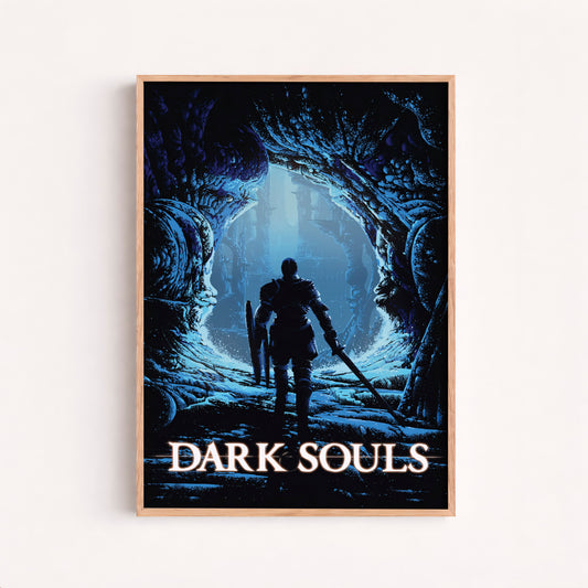 Dark Fantasy Cave Poster, Medieval Knight Wall Art, Blue Aesthetic Print