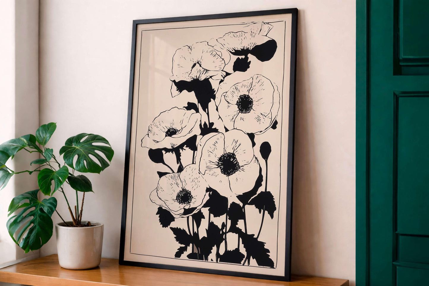 Minimalist Botanical Wall Art, Black Floral Line Art Print, Neutral Flower Poster
