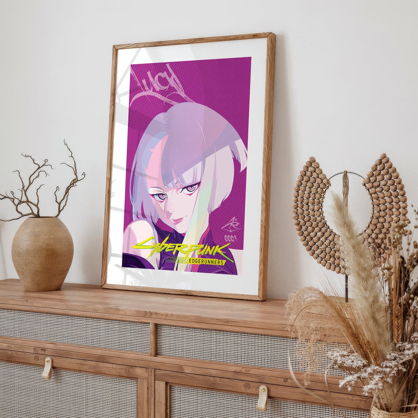 Cyberpunk Anime Girl Poster, Pink Aesthetic Wall Art, Futuristic Neon Print
