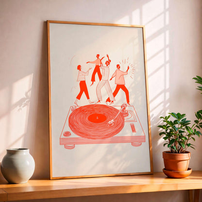 Modern Music Illustration Print, Dancing Figures On Turntable, Vinyl Culture Artwork