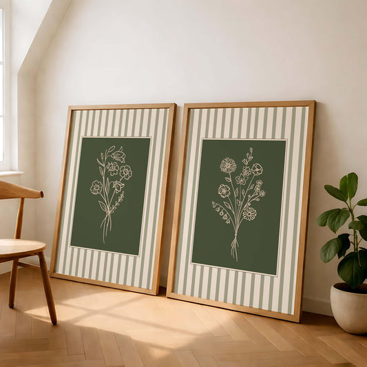 Sage Green Floral Line Art Prints, Botanical Gallery Wall Set
