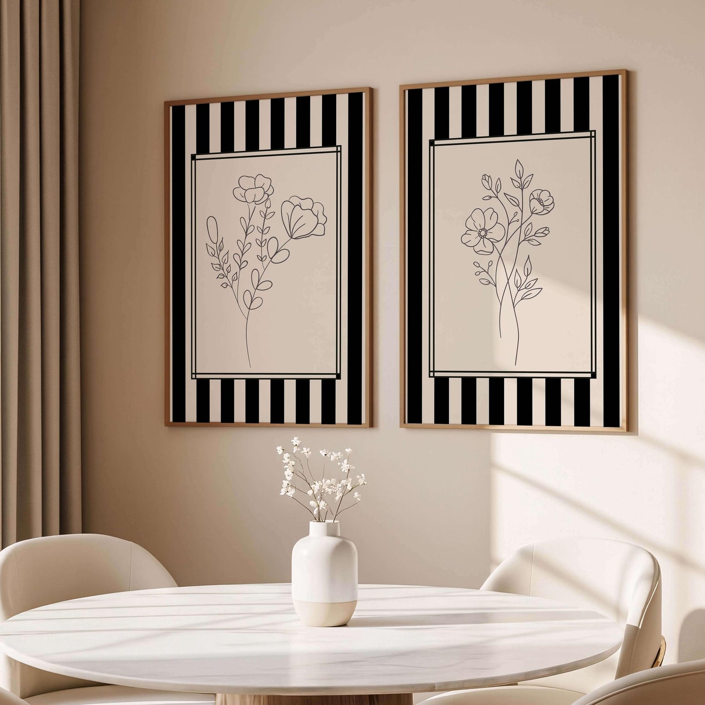 Black And White Floral Line Art, Set Of 2 S, Modern Minimalist Decor
