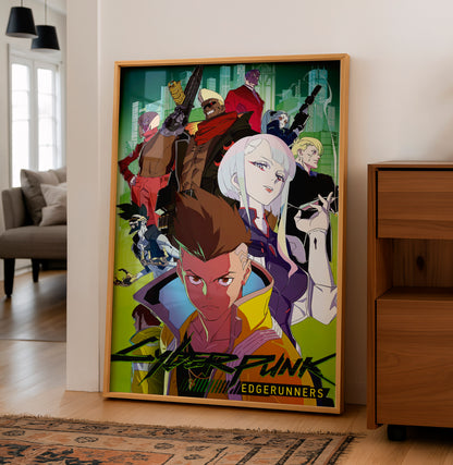 Cyberpunk Anime Team Poster, Futuristic Neon City Wall Art, Gamer Room Decor