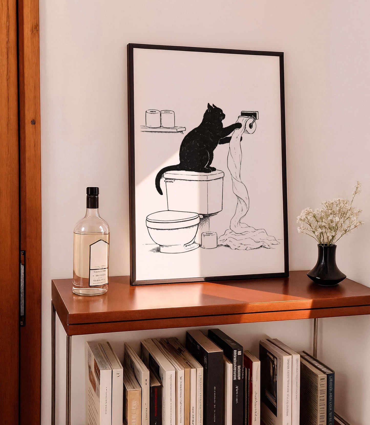 Funny Cat Bathroom Illustration Minimal Toilet Wall Art