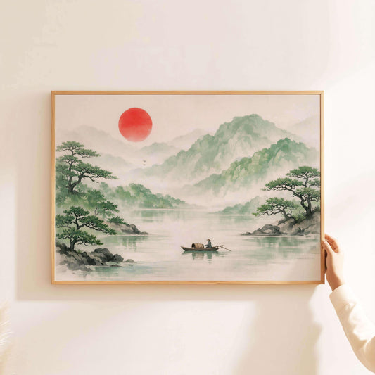Japanese Sumi Watercolor Print, Misty Mountain Lake Scene, Zen Asian Wall Art