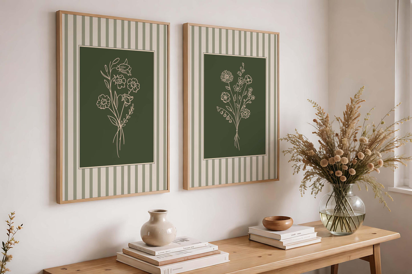 Sage Green Floral Line Art Prints, Botanical Gallery Wall Set