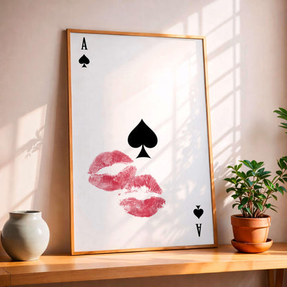 Ace Of Hearts Print Kiss, Romantic Lips Wall Art, Minimal Love Poster