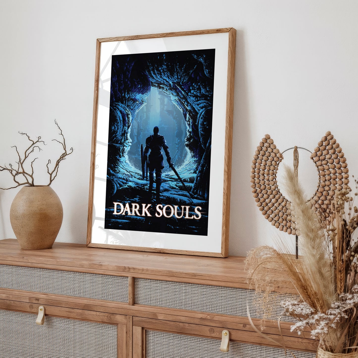 Dark Fantasy Cave Poster, Medieval Knight Wall Art, Blue Aesthetic Print