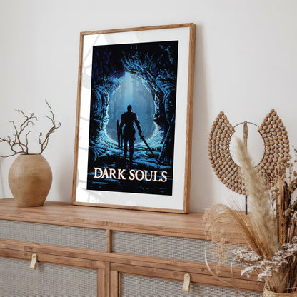 Dark Fantasy Cave Poster, Medieval Knight Wall Art, Blue Aesthetic Print