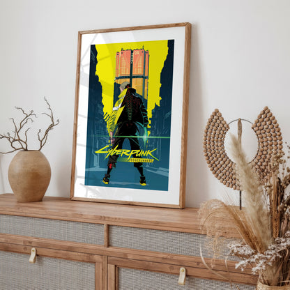Cyberpunk City Poster, Futuristic Urban Wall Art, Neon Yellow Aesthetic Print