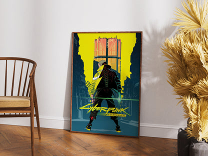 Cyberpunk City Poster, Futuristic Urban Wall Art, Neon Yellow Aesthetic Print