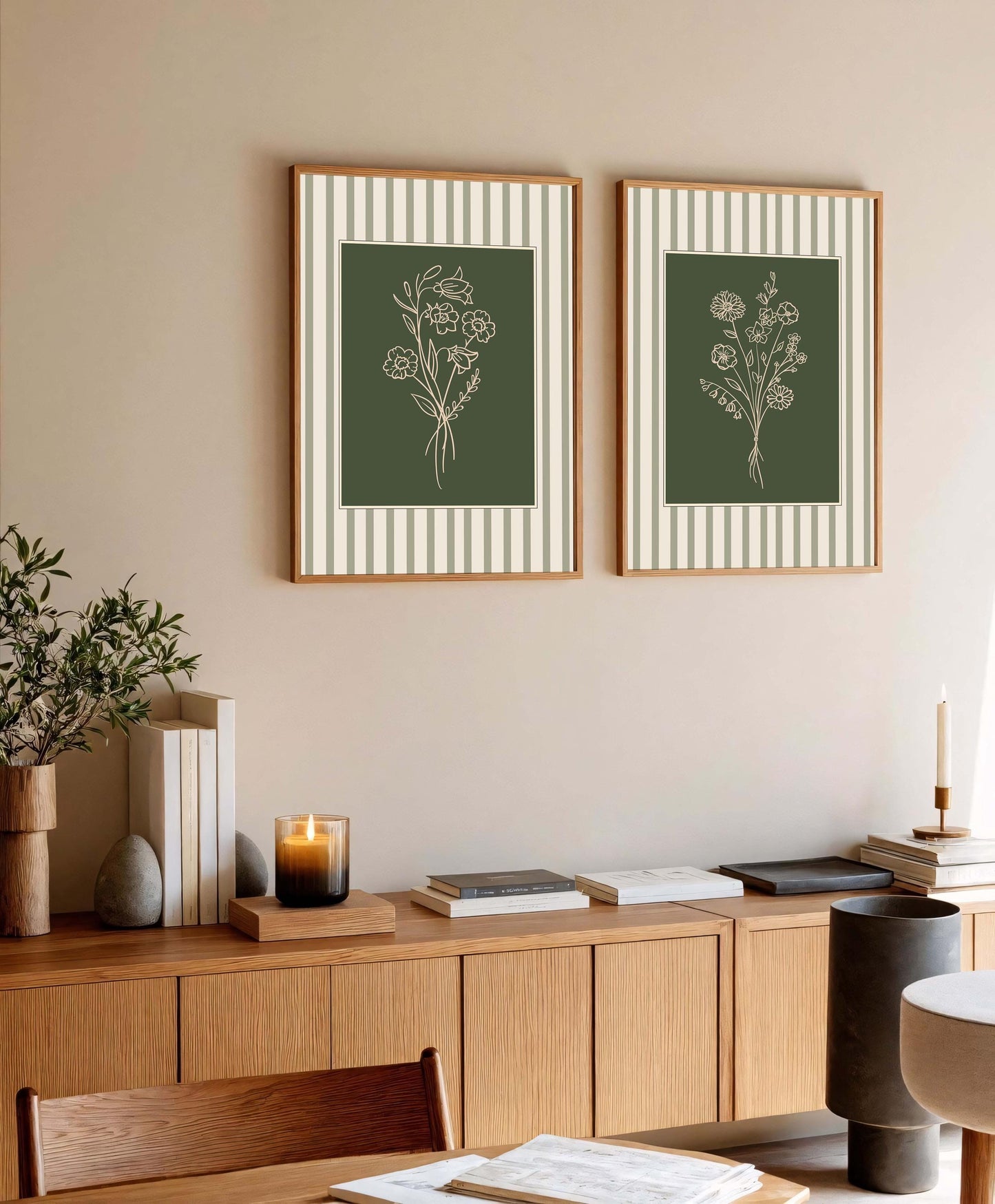 Sage Green Floral Line Art Prints, Botanical Gallery Wall Set
