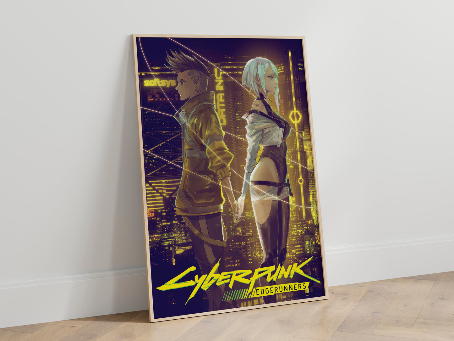 Cyberpunk Couple Poster, Futuristic City Night Wall Art, Neon Sci Fi Print