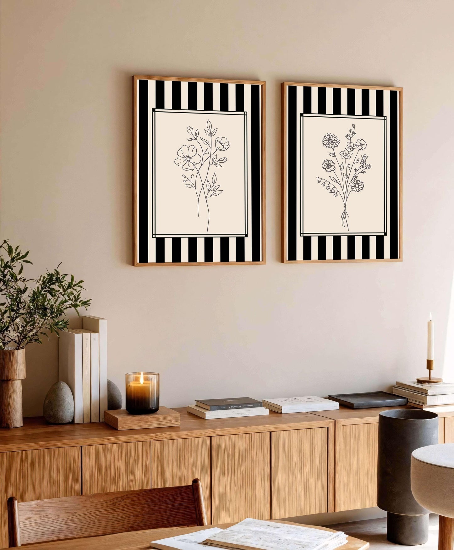Floral Line Art Prints, Modern Gallery Wall Set 2, Black And White Floral Line Art
