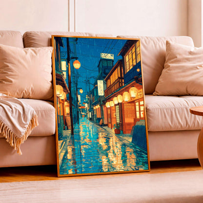 Rainy Kyoto Alley Print, Japanese Lantern Street Art