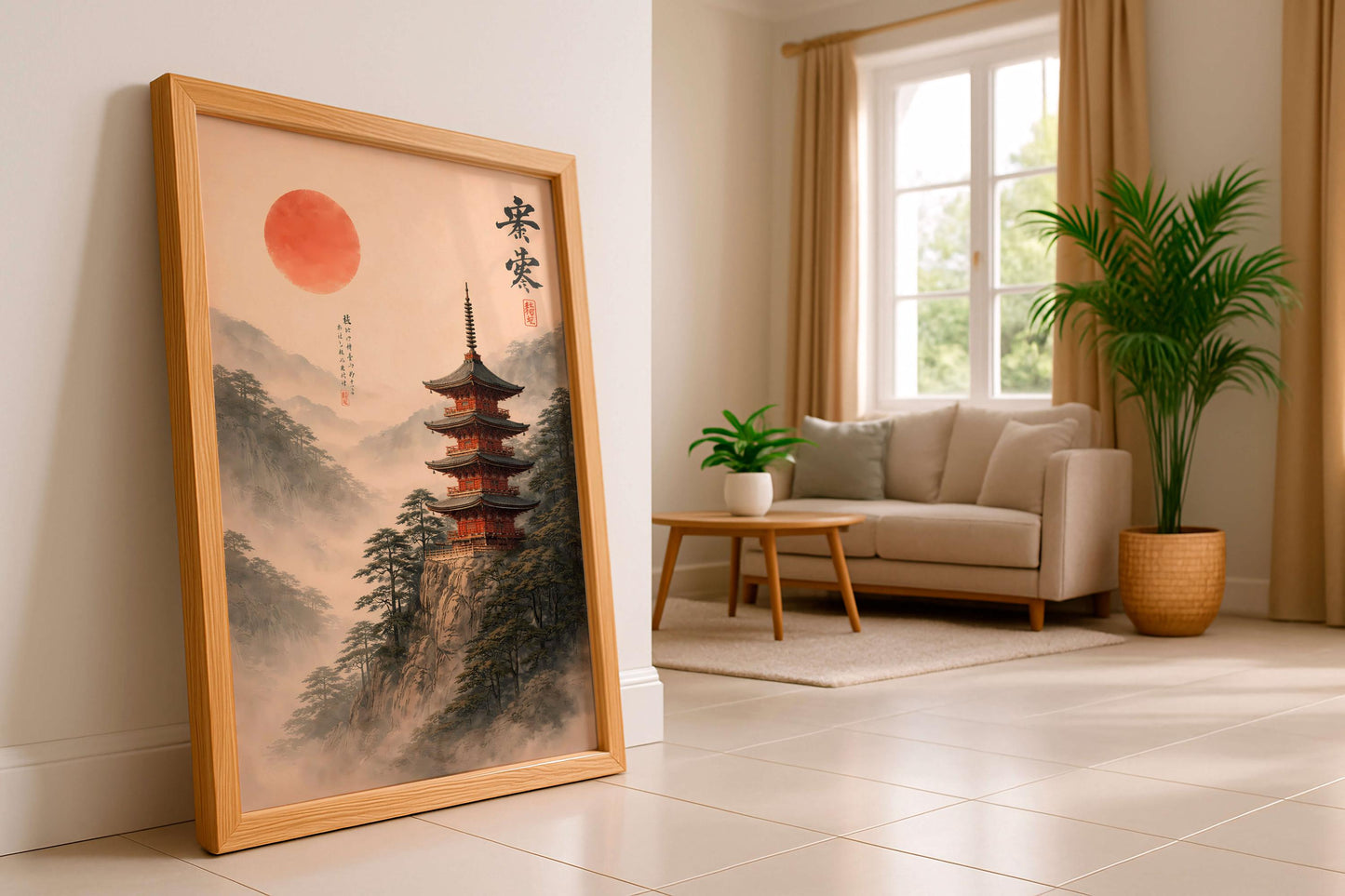 Japanese Pagoda Mountain Print, Zen Asian Landscape Art