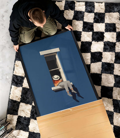 Poster Minimal Blue Wall Art, Modern Window Illustration For Home Office