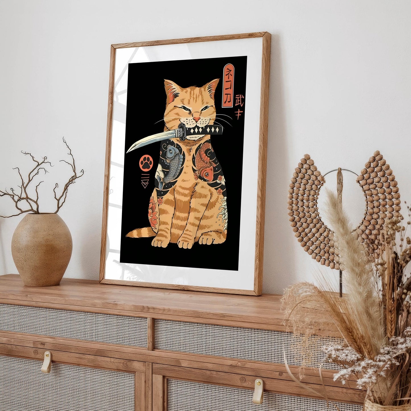 Samurai Cat Art Print, Japanese Tattoo Style, Ukiyo-e Warrior, Home Decor