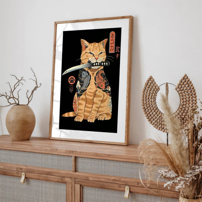 Samurai Cat Art Print, Japanese Tattoo Style, Ukiyo-e Warrior, Home Decor