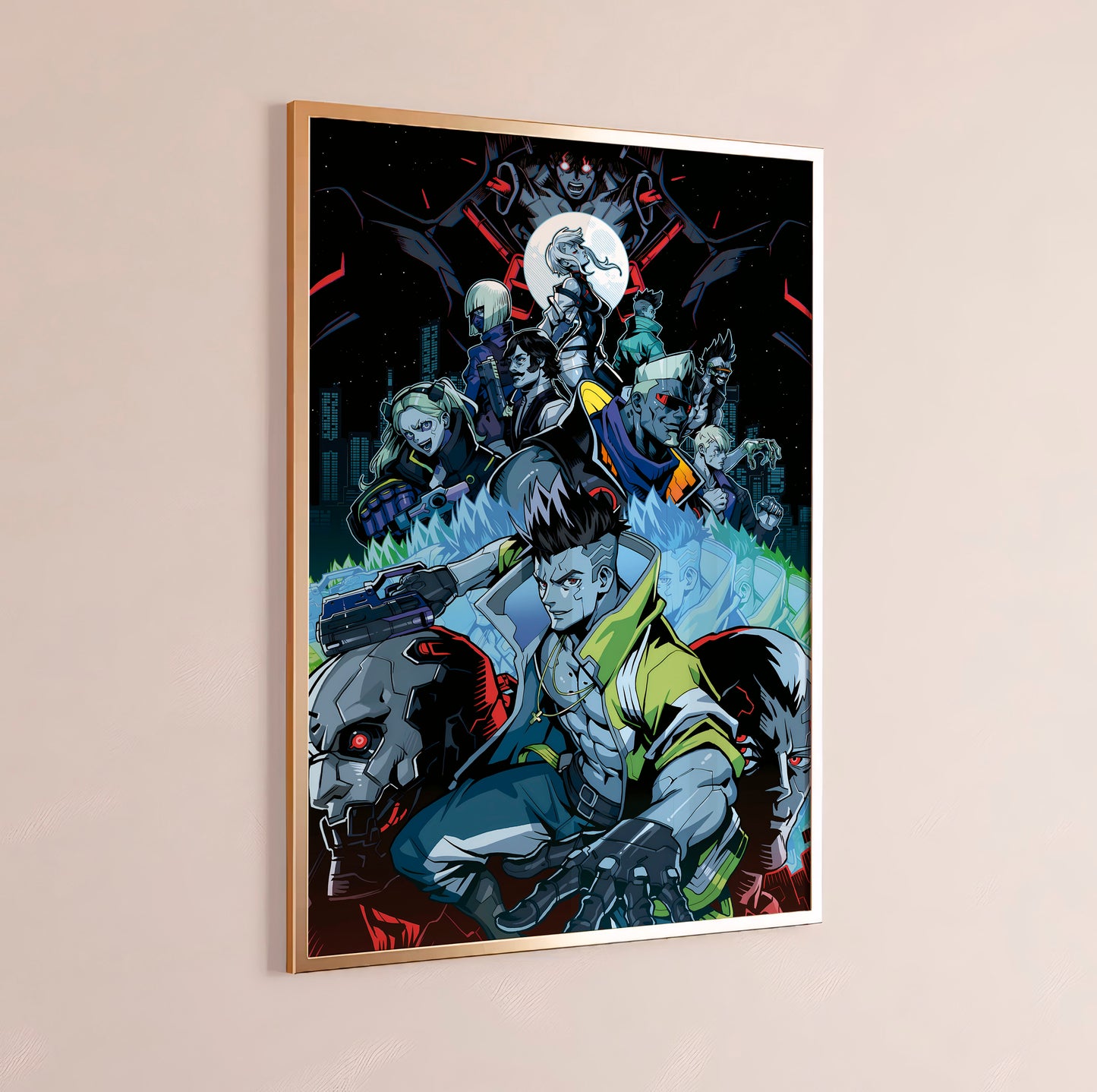 Cyberpunk Anime Squad Poster, Dark Neon City Wall Art, Futuristic Sci Fi Print