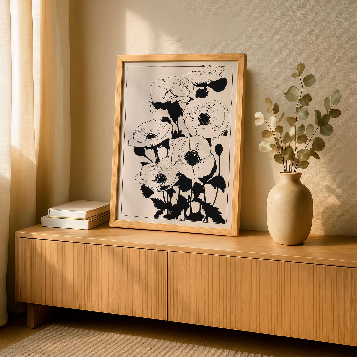 Minimalist Botanical Wall Art, Black Floral Line Art Print, Neutral Flower Poster