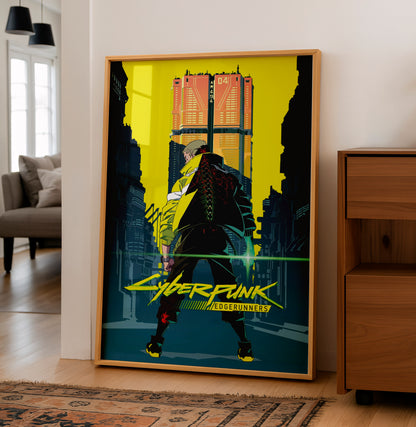 Cyberpunk City Poster, Futuristic Urban Wall Art, Neon Yellow Aesthetic Print