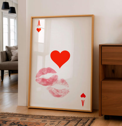 Ace Of Hearts Print Kiss, Romantic Lips Wall Art, Minimal Love Poster