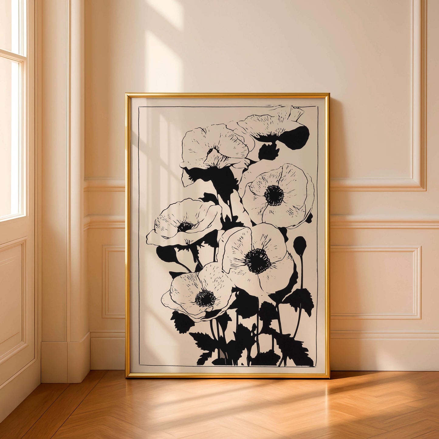 Minimalist Botanical Wall Art, Black Floral Line Art Print, Neutral Flower Poster