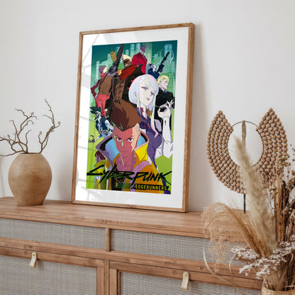 Cyberpunk Anime Team Poster, Futuristic Neon City Wall Art, Gamer Room Decor