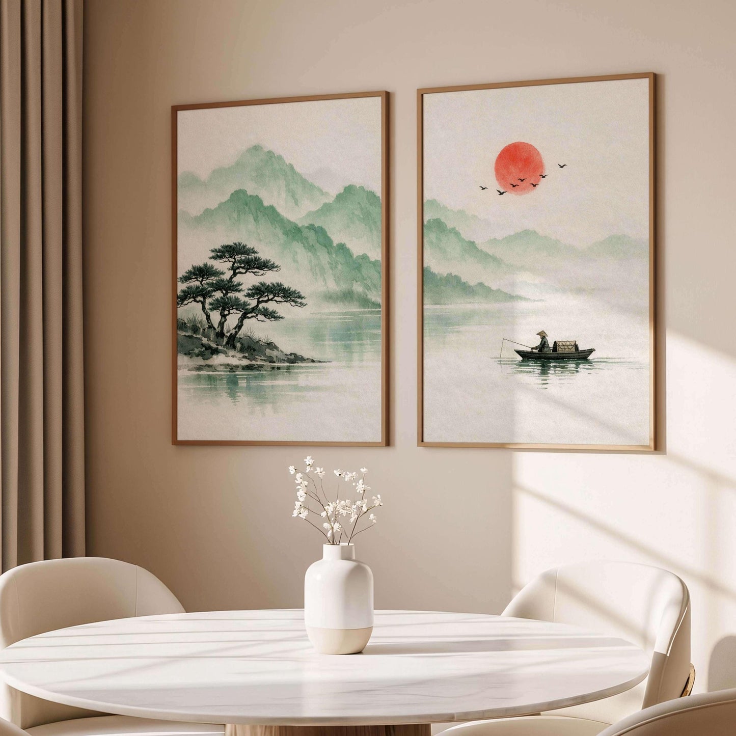 Japanese Zen Landscape Art Prints, Sumi Ink, Misty Mountains