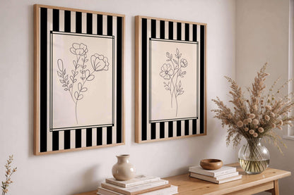Black And White Floral Line Art, Set Of 2 S, Modern Minimalist Decor