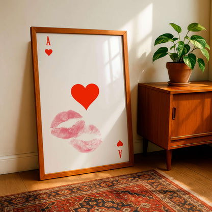 Ace Of Hearts Print Kiss, Romantic Lips Wall Art, Minimal Love Poster