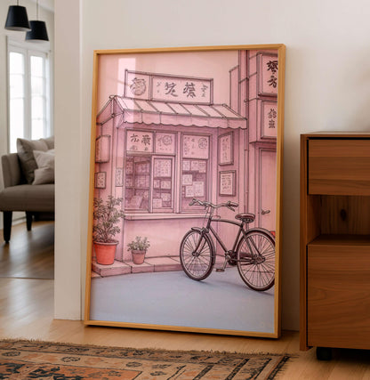Tokyo Shop Bicycle Art Print, Japanese Street Illustration