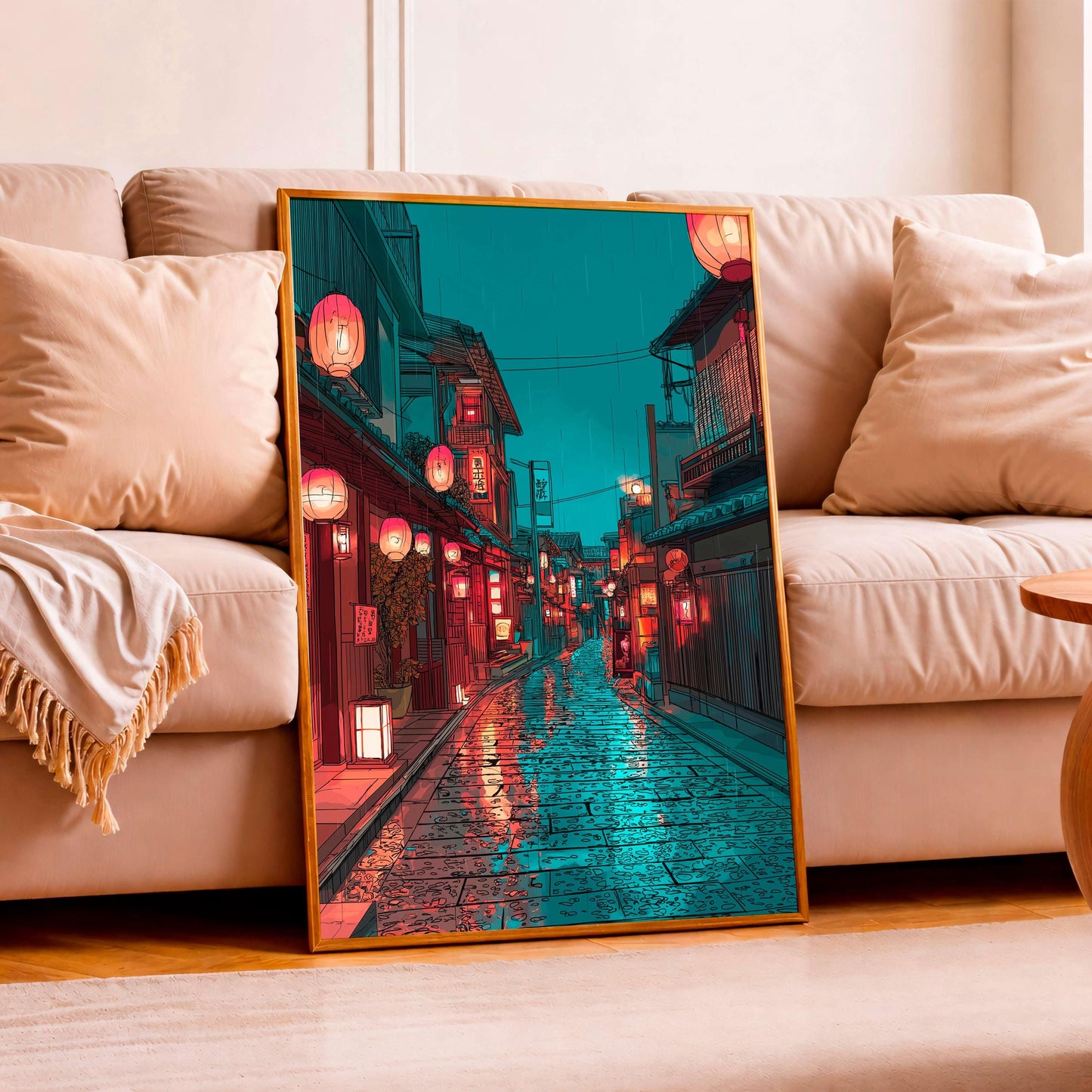 Japanese Night Street Poster, Rainy Tokyo Alley Wall Art