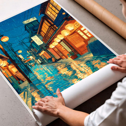 Rainy Kyoto Alley Print, Japanese Lantern Street Art