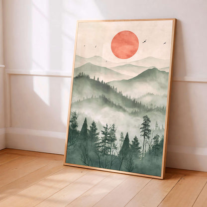 Japanese Zen Landscape Poster, Misty Mountain Illustration, Minimal Nature Artwork
