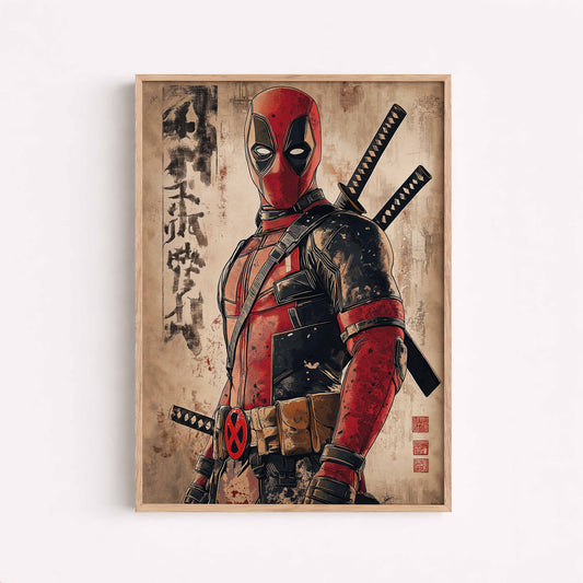 Deadpool Samurai Poster Japanese Vintage Wall Art Gamer Room Decor Comic Inspired Art Print
