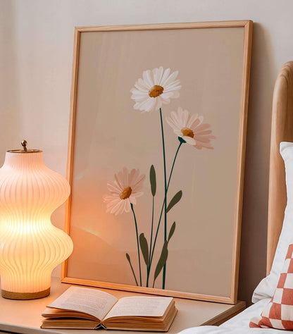 Minimal Botanical Flower Print, Soft Neutral Daisy Illustration, Calm Modern Decor For Light Interiors