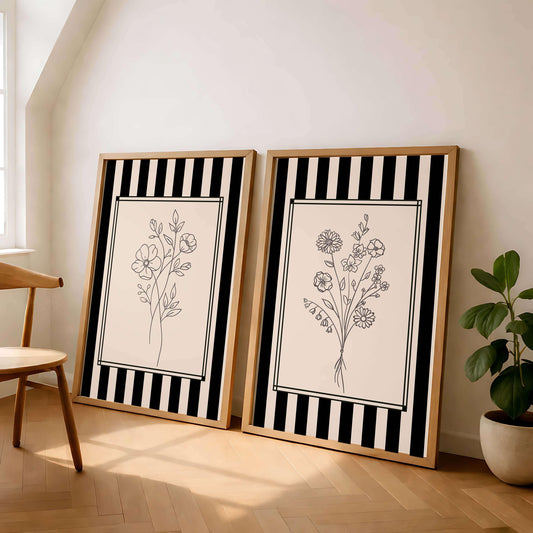 Floral Line Art Prints, Modern Gallery Wall Set 2, Black And White Floral Line Art