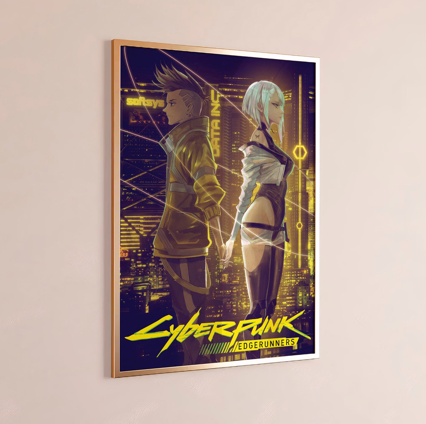 Cyberpunk Couple Poster, Futuristic City Night Wall Art, Neon Sci Fi Print
