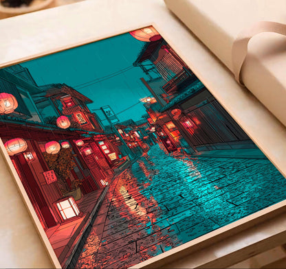 Japanese Night Street Poster, Rainy Tokyo Alley Wall Art