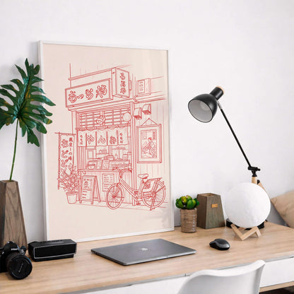 Vintage Ramen Shop Line Art Poster, Japanese Street Food Print