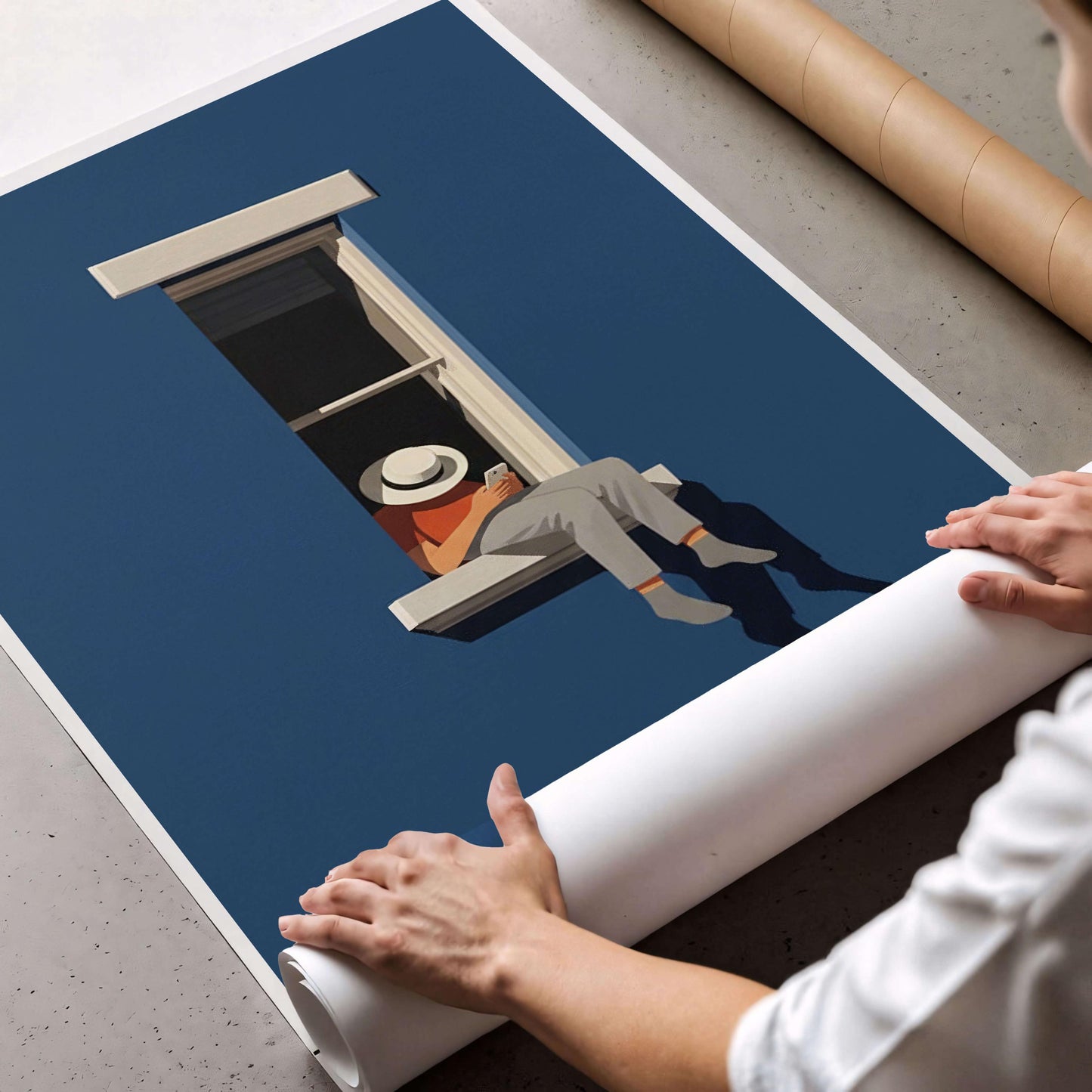 Poster Minimal Blue Wall Art, Modern Window Illustration For Home Office