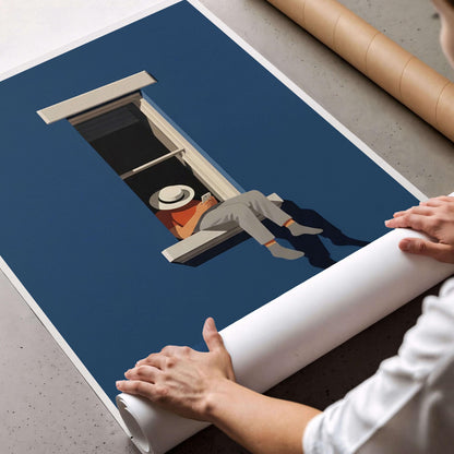 Poster Minimal Blue Wall Art, Modern Window Illustration For Home Office