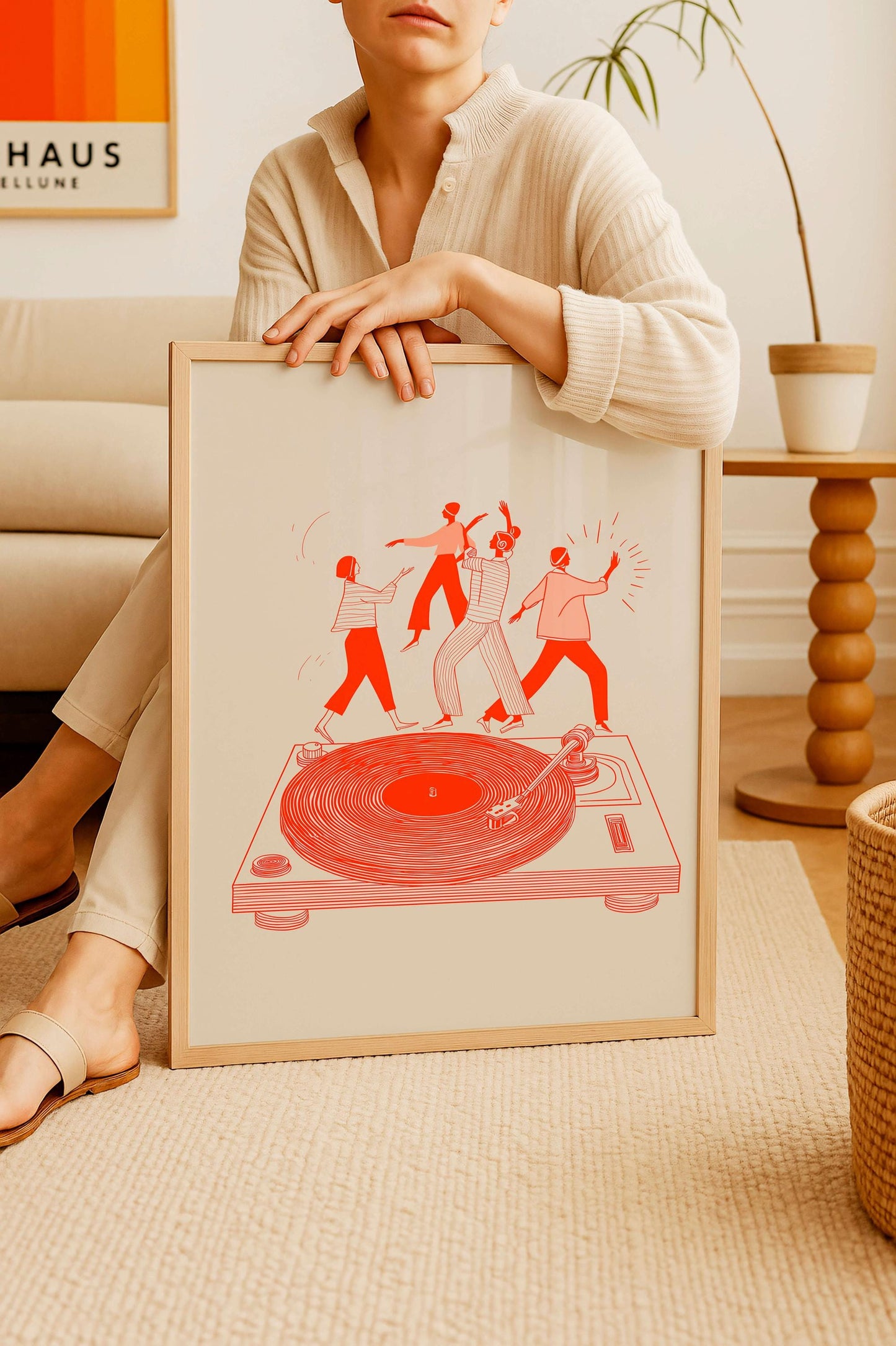 Modern Music Illustration Print, Dancing Figures On Turntable, Vinyl Culture Artwork