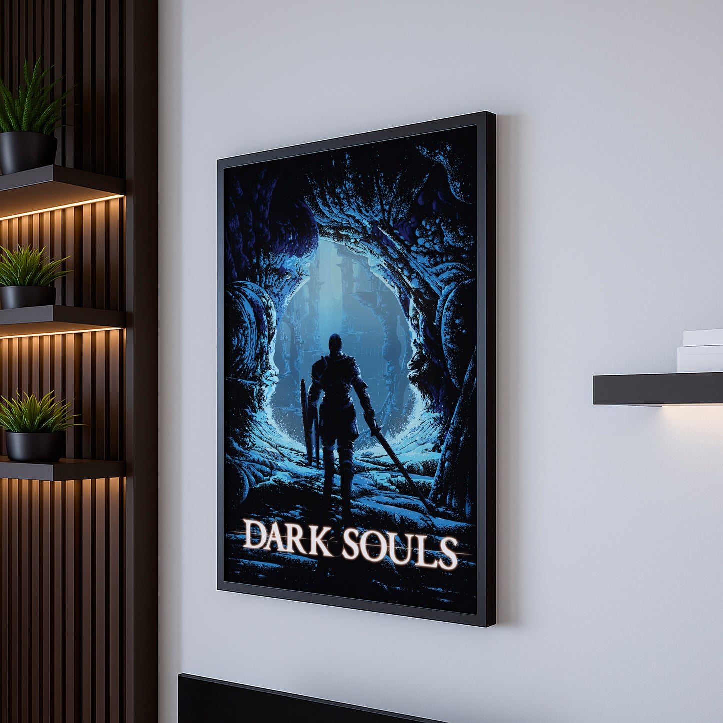 Dark Fantasy Cave Poster, Medieval Knight Wall Art, Blue Aesthetic Print
