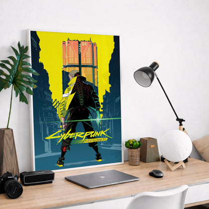 Cyberpunk City Poster, Futuristic Urban Wall Art, Neon Yellow Aesthetic Print