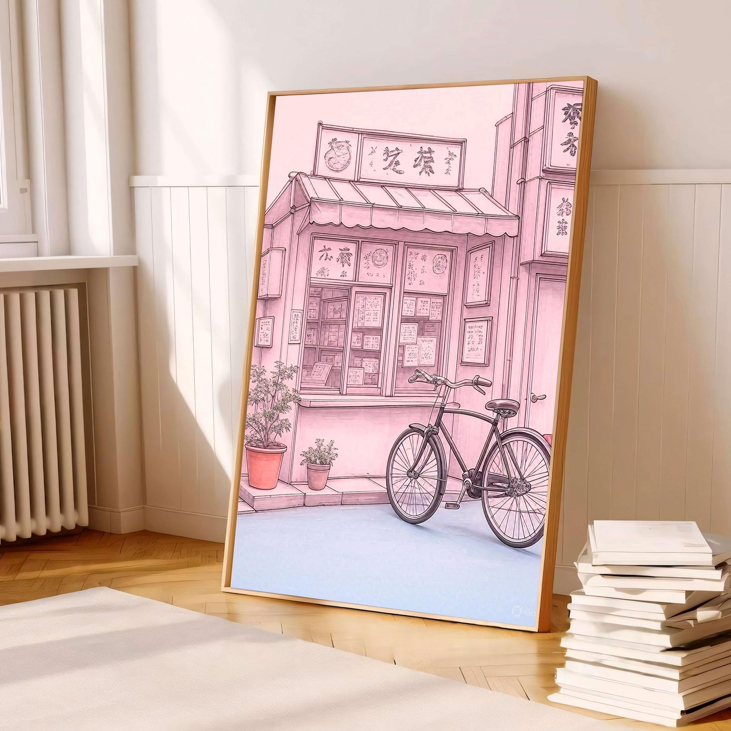 Tokyo Shop Bicycle Art Print, Japanese Street Illustration
