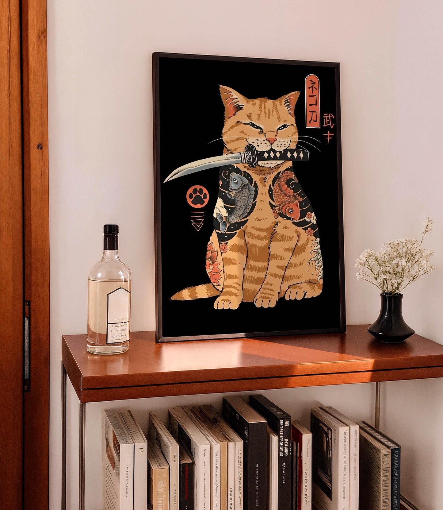 Samurai Cat Art Print, Japanese Tattoo Style, Ukiyo-e Warrior, Home Decor