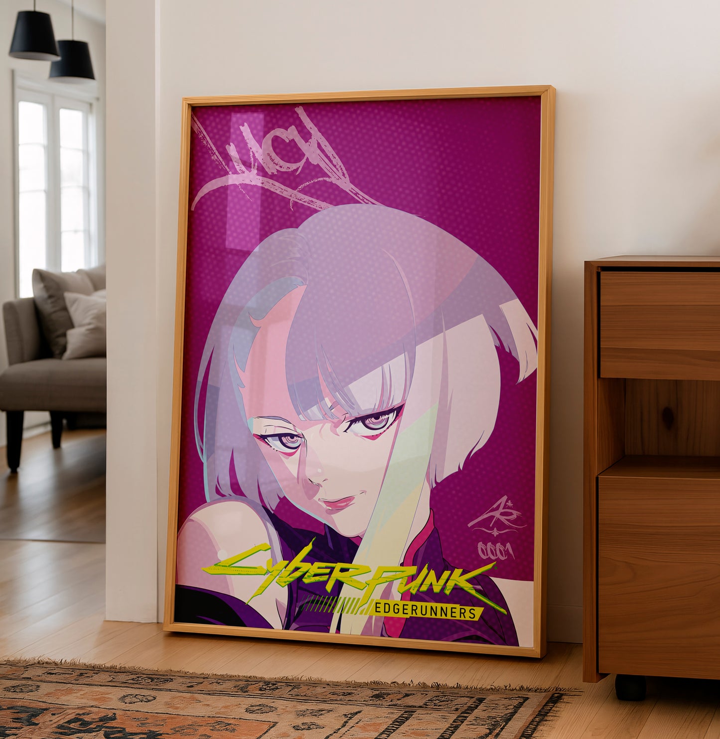 Cyberpunk Anime Girl Poster, Pink Aesthetic Wall Art, Futuristic Neon Print